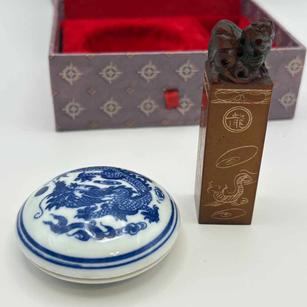 Chinese Name Seal Chop Set Carved Wood Stamp Pixiu Dragon Porcelain Ink Box